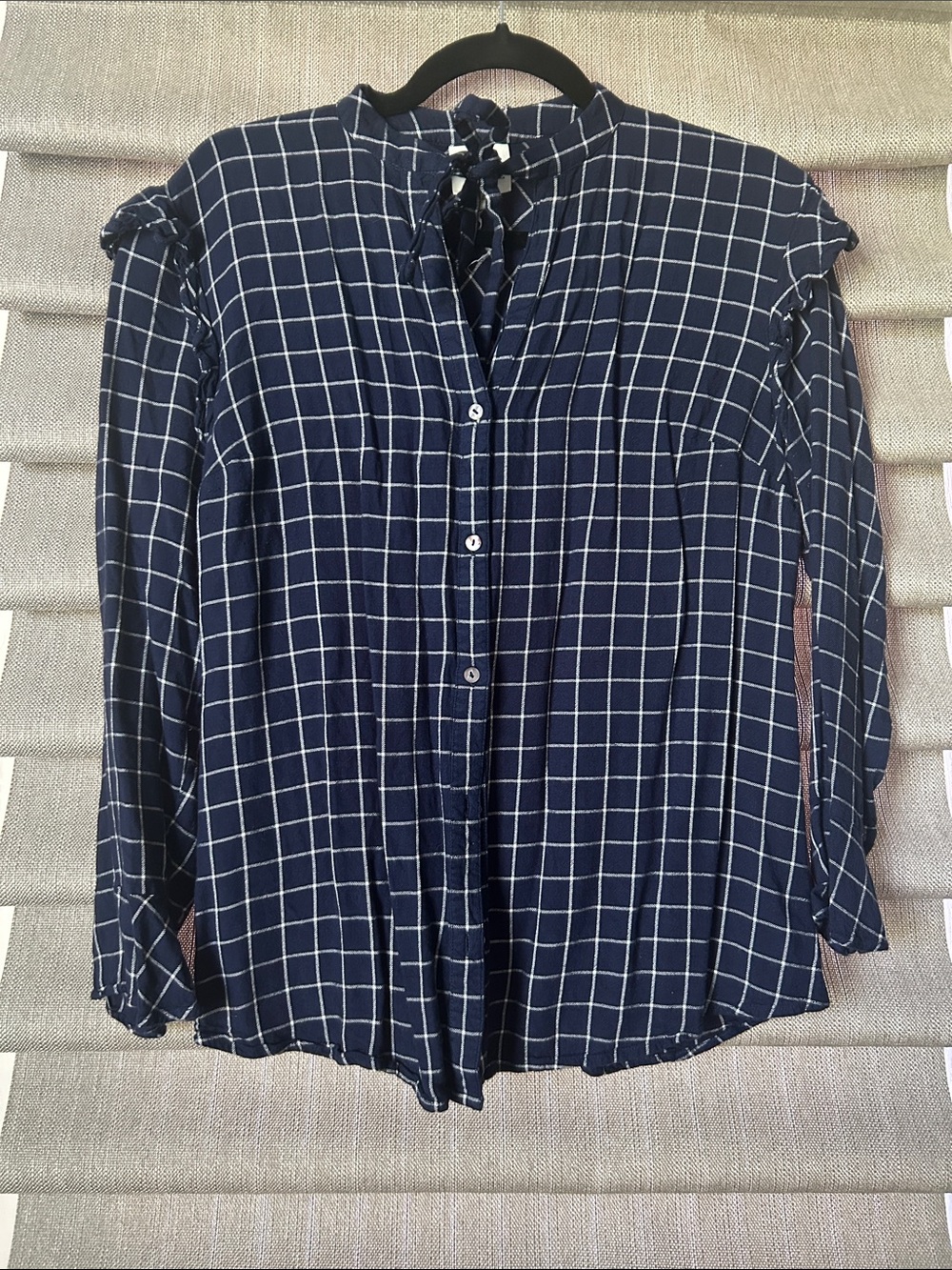 Windowpane Tie-Neck Navy Button-Down Blouse